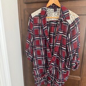 Crossfront Plaid Shirt Tunic with Lace